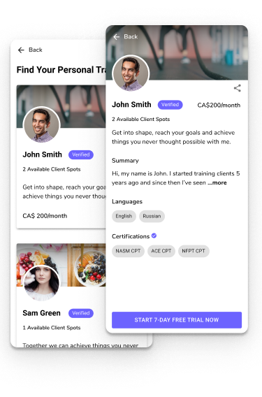 Personal trainers list and profile