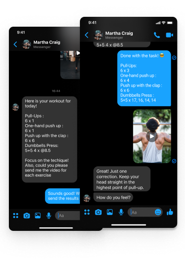 Messenger chat with personal trainer. Getting feedback. Submitting workout result.